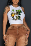 Light Green Letter Shamrock Four Leaf Clover Print Sleeveless O Neck Casual Tank Crop Tops