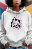 White Orange Letter Print Draw String Hooded Collar Long Sleeve Fall Winter Sweatshirts Tops