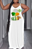 Green Shamrock Four Leaf Clover Print Sleeveless Backless Spaghetti Strap Floor Length Casual Maxi Slip Dresses