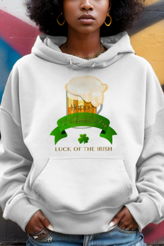 Orange Green Letter Shamrock Four Leaf Clover Print Draw String Hooded Collar Long Sleeve Fall Winter Sweatshirts Tops