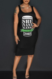 Black Green Letter Shamrock Four Leaf Clover Print U Neck Sleeveless Vest Casual Bodycon Midi Tank Dresses