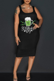 Black Green Letter Shamrock Four Leaf Clover Print U Neck Sleeveless Vest Casual Bodycon Midi Tank Dresses