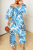 Pink Graphics Print Off Shoulder Long Sleeve Casual Vacation Harem Leg Jumpsuits