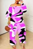 Pink Graphics Print Off Shoulder Long Sleeve Casual Vacation Harem Leg Jumpsuits