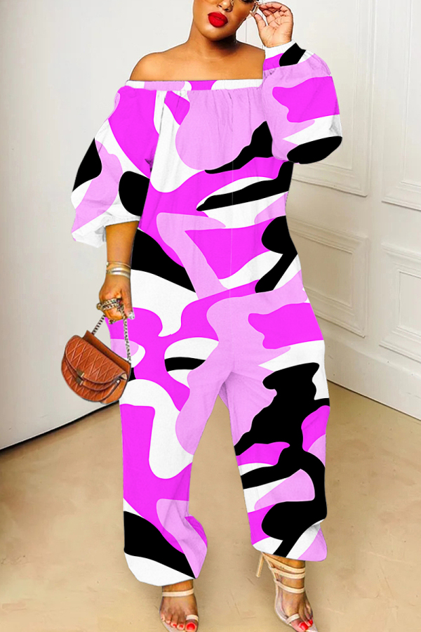 Pink Graphics Print Off Shoulder Long Sleeve Casual Vacation Harem Leg Jumpsuits