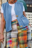 Lemon Yellow V Neck Sleeveless Casual Pocket Buttons Knitted Vest