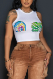 Light Green Letter Shamrock Four Leaf Clover Print Sleeveless O Neck Casual Tank Crop Tops