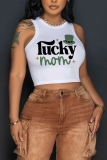 Light Green Letter Shamrock Four Leaf Clover Print Sleeveless O Neck Casual Tank Crop Tops