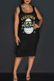 Black Cartoon Print U Neck Sleeveless Vest Casual Bodycon Midi Tank Dresses