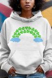 Orange Green Letter Shamrock Four Leaf Clover Print Draw String Hooded Collar Long Sleeve Fall Winter Sweatshirts Tops