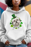 Orange Green Letter Shamrock Four Leaf Clover Print Draw String Hooded Collar Long Sleeve Fall Winter Sweatshirts Tops