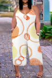 Apricot Graphics Print Backless Sleeveless Spaghetti Strap Casual Cami Wide Leg Jumpsuits