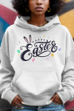 White Orange Letter Print Draw String Hooded Collar Long Sleeve Fall Winter Sweatshirts Tops