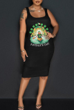 Black Green Letter Shamrock Four Leaf Clover Print U Neck Sleeveless Vest Casual Bodycon Midi Tank Dresses
