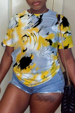 Yellow Purple Graphcis Print O Neck Short Sleeve Casual Outing Oversize T-Shirts
