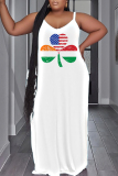 Green Shamrock Four Leaf Clover Print Sleeveless Backless Spaghetti Strap Floor Length Casual Maxi Slip Dresses
