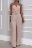 Pink Strapless Sleeveless Without Belt Straight Formal Office Lady Tube Top Wide Leg Jumpsuits