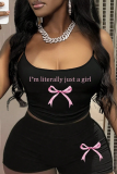 Black Letter Print Sleeveless Spaghetti Strap Cami Crop Tops And Shorts Two Pieces Shorts Sets