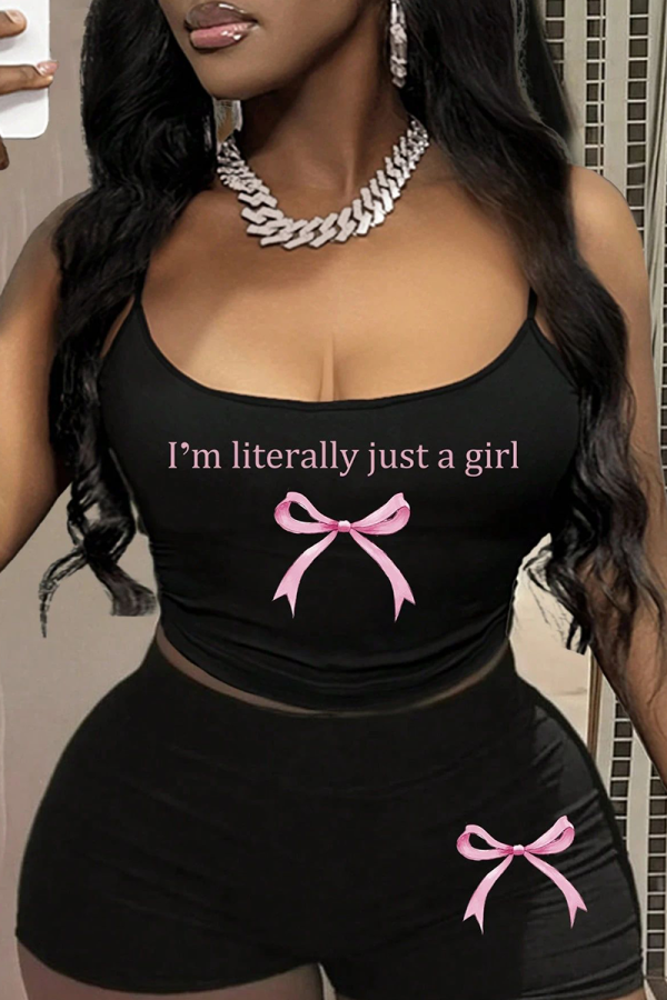 Black Letter Print Sleeveless Spaghetti Strap Cami Crop Tops And Shorts Two Pieces Shorts Sets