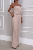 Pink Strapless Sleeveless Without Belt Straight Formal Office Lady Tube Top Wide Leg Jumpsuits