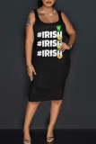 Black Green Letter Shamrock Four Leaf Clover Print U Neck Sleeveless Vest Casual Bodycon Midi Tank Dresses