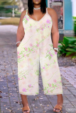 Apricot Graphics Print Backless Sleeveless Spaghetti Strap Casual Cami Wide Leg Jumpsuits