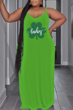 Green Shamrock Four Leaf Clover Print Sleeveless Backless Spaghetti Strap Floor Length Casual Maxi Slip Dresses