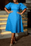 Blue Jacquard Asymmetric Collar Formal Evening Party Prom A Line Plus Size Pleated Maxi Dresses