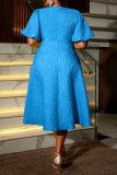 Blue Jacquard Asymmetric Collar Formal Evening Party Prom A Line Plus Size Pleated Maxi Dresses