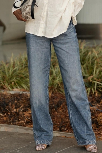 Blue High Waist Casual Distressed Straight Leg Denim Jeans