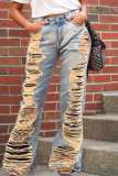 Blue High Waist Casual Distressed Ripped Denim Jeans