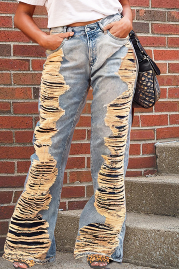 Blue High Waist Casual Distressed Ripped Denim Jeans