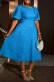 Blue Jacquard Asymmetric Collar Formal Evening Party Prom A Line Plus Size Pleated Maxi Dresses