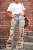 Blue High Waist Casual Distressed Ripped Denim Jeans
