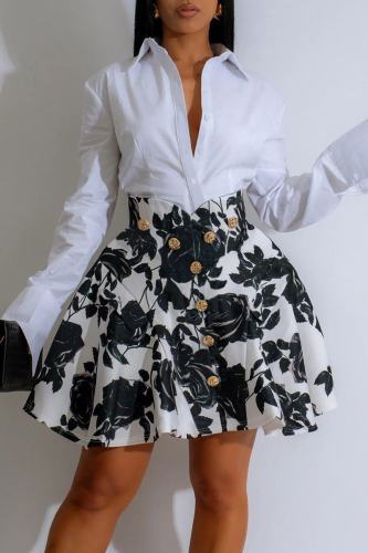 Black Floral Print Shirt Collar Long Sleeve Buttons Blouse And Pleated Mini Skirt Formal Evening Party Prom Two Pieces Dress Sets