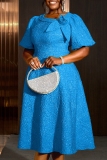 Blue Jacquard Asymmetric Collar Formal Evening Party Prom A Line Plus Size Pleated Maxi Dresses