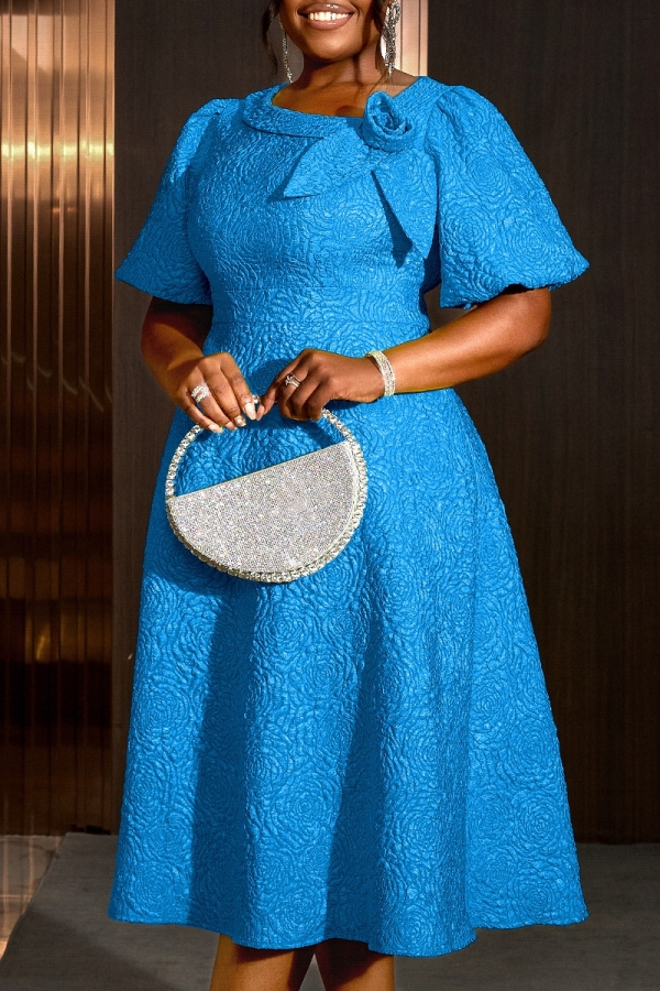 Blue Jacquard Asymmetric Collar Formal Evening Party Prom A Line Plus Size Pleated Maxi Dresses