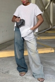 Blue High Waist Patchwork Casual Ripped Wide Leg Denim Jeans