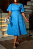 Blue Jacquard Asymmetric Collar Formal Evening Party Prom A Line Plus Size Pleated Maxi Dresses