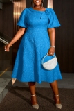 Blue Jacquard Asymmetric Collar Formal Evening Party Prom A Line Plus Size Pleated Maxi Dresses