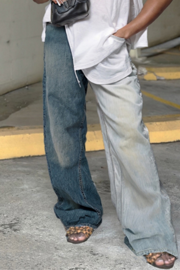 Blue High Waist Patchwork Casual Ripped Wide Leg Denim Jeans