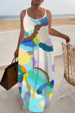 Multicolor Graphics Print Backless Spaghetti Strap Sleeveless Vacation Loose Long Maxi Slip Dresses
