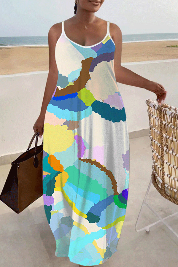 Multicolor Graphics Print Backless Spaghetti Strap Sleeveless Vacation Loose Long Maxi Slip Dresses