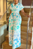 Brown Leopard Print V Neck Short Sleeve Casual Vacation Wide Leg Jumpsuits