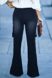 Black Mid Waist Pocket Casual Distressed Flare Leg Denim Jeans