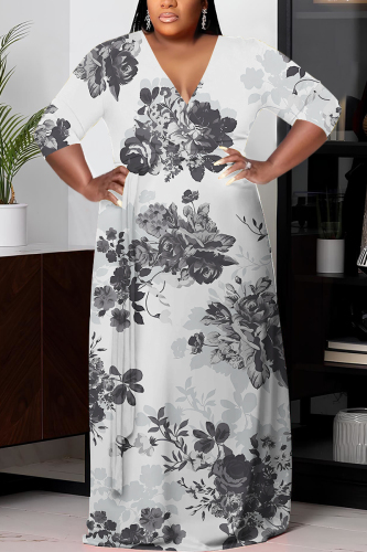 Grey Floral Print V Neck Half Sleeve Floor Length With Belt Strap Design Vacation Casual Plus Size A Line Maxi Dresses