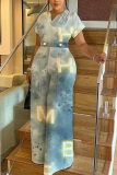 Yellow Letter Print V Neck Short Sleeve Casual Vacation Wide Leg Jumpsuits