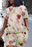Green Floral Print Round Neck Short Sleeve Oversize T-shirt And Shorts Casual Two Pieces Matching Sets