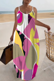 Multicolor Graphics Print Backless Spaghetti Strap Sleeveless Vacation Loose Long Maxi Slip Dresses
