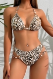Leopard Print Metal Accessories Trim Backless Sleeveless Lace Up Bra And Mini Shorts Bikini Sets Beach Vacation Swimwears(With Paddings)